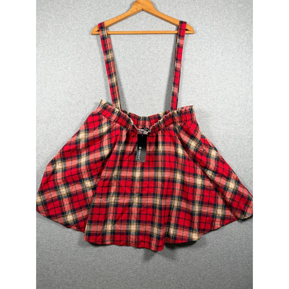 Allegra K Women's XL Red Plaid Suspender Skater Skirt Adjustable Straps 0717